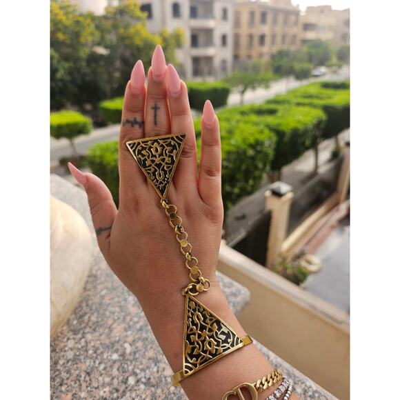 Arabic Architecture Hand Chain – Handmade Brass Ring & Bracelet Set from Egypt - Picture 2 of 4